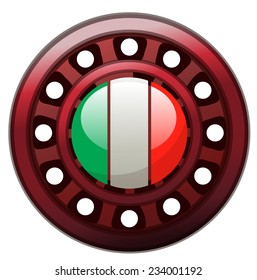 Italy Flag on Round Perforated Red Shield, Vector Illustration isolated on White Background. 