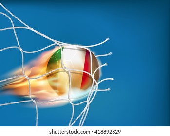 Italy  flag on soccer ball goes through the net of goal in vector illustration, design for score in football with powerful shooting as a fire