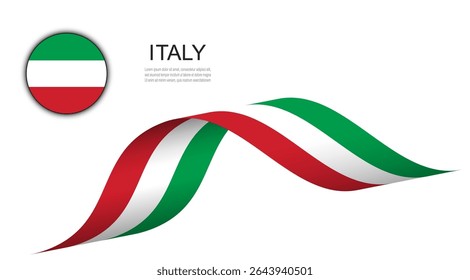 Bandeira da Itália na fita ondulante e botão de círculo, ilustração de design de vetor de bandeiras italianas.