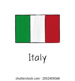 Italy flag with outline and signature isolated on a white background. Hand drawn color vector illustration in sketch style.