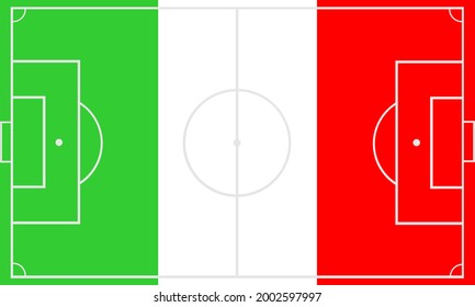 Italy flag over football soccer field vector illustration. Coach table for tactic presentation for players. Sport strategy view. Italian fan supporters national symbol.