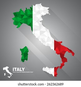 Italy flag overlay on Italy map with polygonal and long tail shadow style (EPS10 art vector)