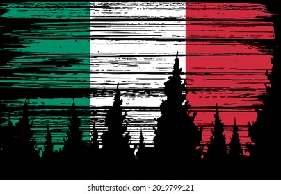 Italy flag painted with brush stroke on night sky in forest background,Symbols of Italy, template for banner,card,advertising ,promote,design,vector, top gold medal winner sport country