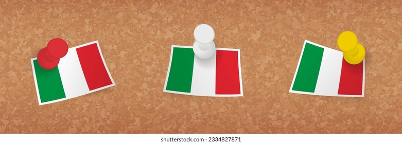 Italy flag pinned in cork board, three versions of Italy flag. Vector pushpins and flag set.