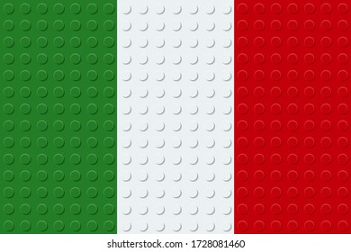 Bandera italiana de ladrillos de construcción de plástico bloquea el juguete. Fondo azul. ilustración vectorial.