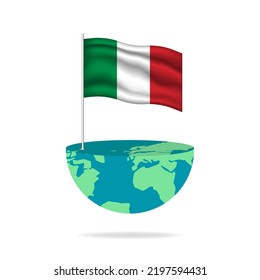 Italy flag pole on globe. Flag waving around the world. Easy editing and vector in groups. National flag vector illustration on white background.