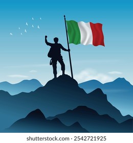 Italy Flag raised on a mountain peak with clear sky in the background, vector illustration