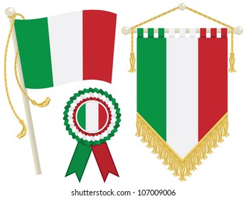 italy flag, rosette and pennant, isolated on white