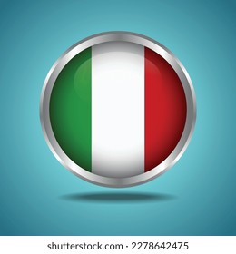 The Italy flag. Round glossy. Silver frame. Isolated on color gradient background