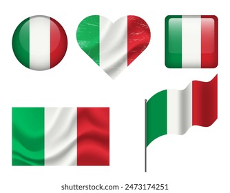 Conjunto de iconos de la bandera de Italia. Bandera de Vector de Italia, símbolo. Conjunto de banderas italianas Botón, ondulado, corazón.