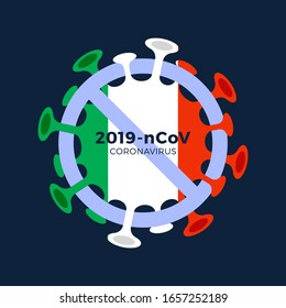 Italy flag Sign caution coronavirus. Stop 2019-nCoV outbreak. Coronavirus danger and public health risk disease and flu outbreak. Pandemic medical concept with dangerous cells. Vector illustration.