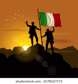 Italy flag, silhouette of two climbers holding flags at sunset