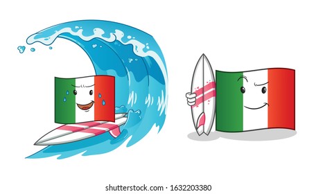 italy flag surfing on the waves and holding a surfboard cartoon. cute chibi cartoon mascot vector