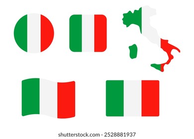 Italy flag symbols set. Green, red and white colors. Round, square, waving rectangle and Italian map shape vector banner. Rome symbol.