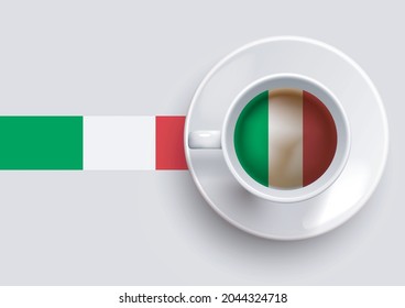 Italy flag with a tasty coffee cup on top view and a gradient background. Hot beverage with Italy flag, vector illustration. 
