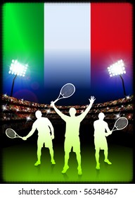 Italy Flag and Tennis Player on Stadium Background Original Illustration