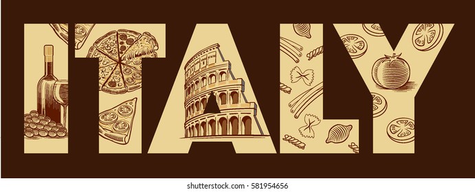 italy flag with typical italian food, pizza, pasta, wine, tomato, Roma Colloseum