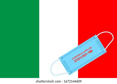 Italy flag with vector illustration of disposable mask and Covid-19 inscription