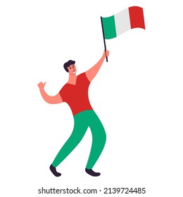 Italy flag waving man.Joyful guy hand holding Italy flag.Character cartoon vector flat illustration. Isolated on white background.