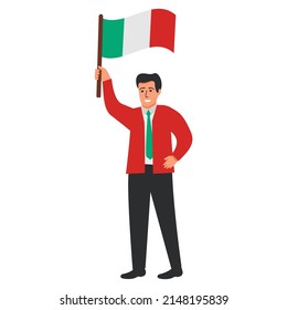 Italy Flag Waving Man.Joyful Guy Hand Holding Italy Flag.Character Cartoon Vector Flat Illustration. Isolated On White Background.