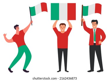 Italy flag waving man.Joyful guy hand holding Italy flag.Character cartoon vector flat illustration. Isolated on white background.