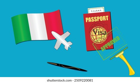 Italy flag with white plane icon. Passport with visa approved stamp. Black stylish Pen. Italian Travel poster. Editable vector EPS available