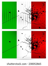 Italy flags with a bullet hole. Vector set.