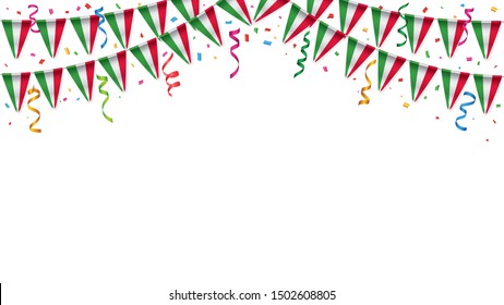 Italy flags garland white background with confetti, Hang bunting for Italy Day celebration template banner, Vector illustration
