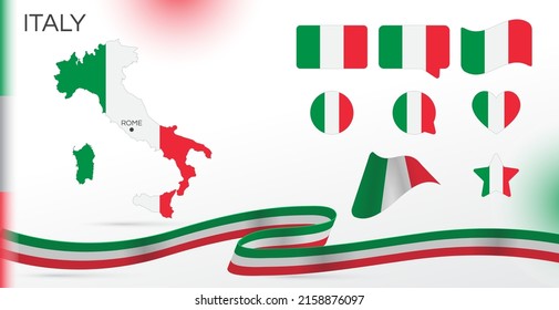 Italy flags set. Various designs. Map and capital city. World flags. Vector set. Circle icon. Template for independence day. Collection of national symbols. Ribbon with colors of the flag. Rome