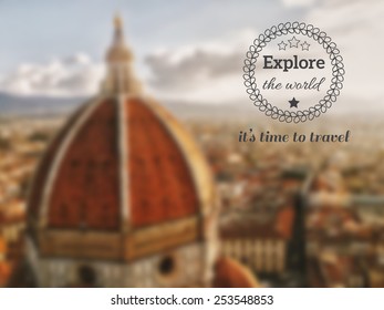 Italy Florence (Firenze) Duomo Santa Maria del Fiore on morning sun and haze from aeral view postcard with bags and quote