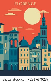 Italy Florence retro city poster with abstract shapes of landmarks, buildings and monuments. Vintage travel vector illustration
