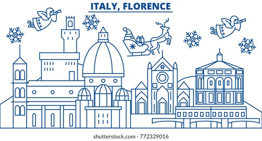 Italy, Florence winter city skyline. Merry Christmas, Happy New Year decorated banner with Santa Claus.Winter greeting line card.Flat, outline vector.Linear christmas snow illustration