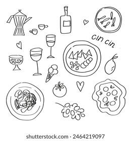 Italy food doodle sketch. Hand drawn vector illustration pizza, pasta, sardine, olives, espresso coffee, cheese plate, grapes, lemon, ice cream, wine tasting. Gastronomy, tourism, love Italian cuisine