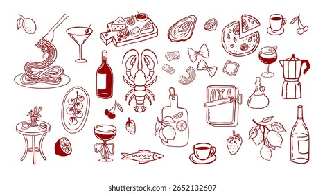 Italy, food and drinks set of illustration. Hand drawn sketch inked whimsical vector design. Wine, pasta, pizza, lobster, sardines, coffee and wine