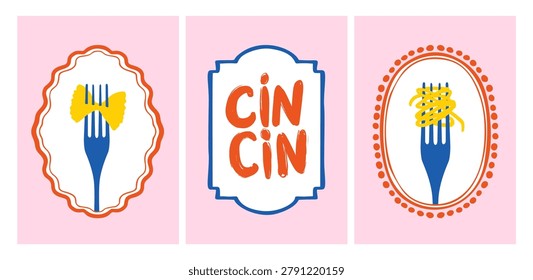 Italy Food Posters with Whimsical Frames. Pasta Spaghetti Twirled on Fork Trendy Illustrations. Hand Drawn Vector Summer Design.