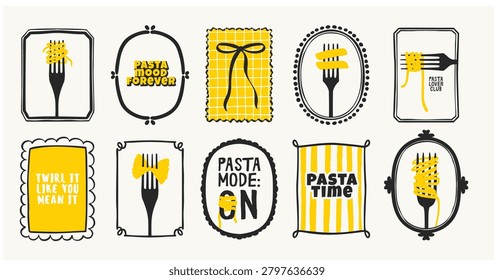 Italy Food Posters with Whimsical Frames. Pasta Spaghetti Twirled on Fork Trendy Illustrations. Hand Drawn Vector Summer Design.