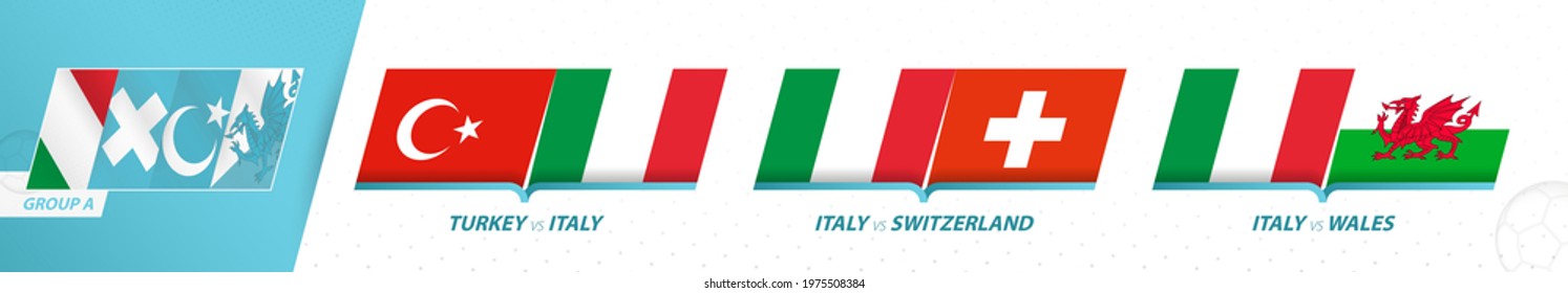 Italy football team games in group A of football European tournament 2020-21. Sport vector icon set.