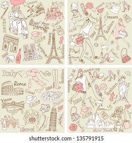 Italy, France, USA - four wonderful collections of hand drawn doodles