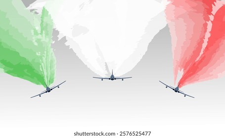 Italy Frecce Tricolori planes celebrating Italy's Republic Day, 	Military jet parade fighters planes Air Force celebrating releasing colors white, green and red smoke.