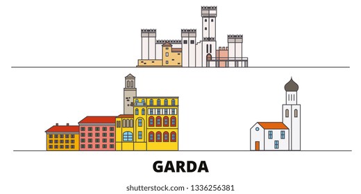Italy, Garda flat landmarks vector illustration. Italy, Garda line city with famous travel sights, skyline, design. 