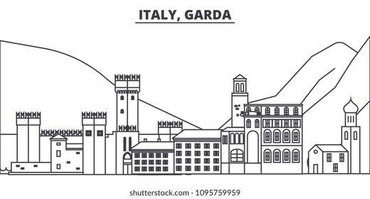 Italy, Garda line skyline vector illustration. Italy, Garda linear cityscape with famous landmarks, city sights, vector landscape.  svg
