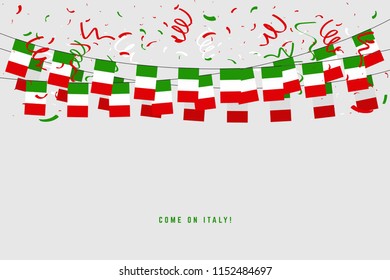 Italy garland flag with confetti on gray background, Hang bunting for Italy celebration template banner. vector