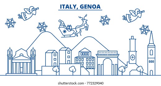 Italy, Genoa winter city skyline. Merry Christmas, Happy New Year decorated banner with Santa Claus.Winter greeting line card.Flat, outline vector.Linear christmas snow illustration