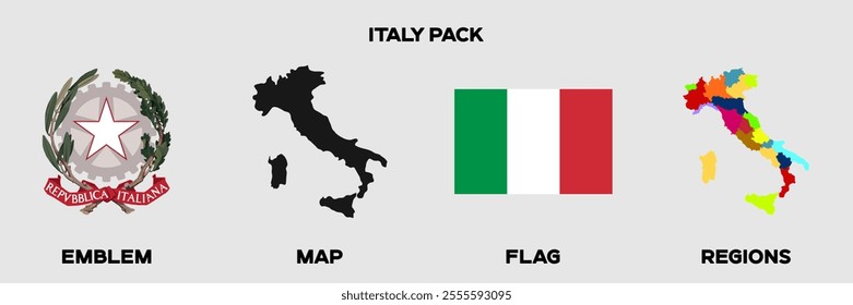 Italy Graphics Pack. Italy Flag. Italy Map. Italy Emblem. Editable EPS file with Map, Emblem, Flag and Divisional Map.