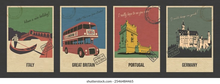 Italien, Großbritannien, Portugal, Deutschland Hauptattraktionen Postkarten, Belem Tower, Schloss Neuschwanstein, Venedig Gondel, London's Red Bus. Vektorvorlagen Retro-Stil Grußkarten, Papier Textur