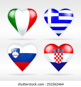 Italy, Greece, Slovenia and Croatia heart flag set of European states as collection of isolated vector state flags icon elements on white