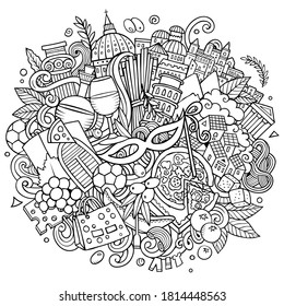 Italy hand drawn cartoon doodles illustration. Funny travel design. Creative art vector background. Italian symbols, elements and objects.