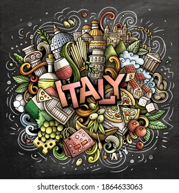 Italy hand drawn cartoon doodles illustration. Funny travel design. Creative art vector background. Handwritten text with Italian symbols, elements and objects. Colorful composition