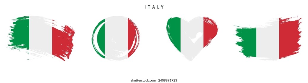 Icono de la bandera de estilo grunge dibujado a mano en Italia. Banner italiano con colores oficiales. Forma de trazo de brocha libre, círculo y forma de corazón. Ilustración vectorial plana aislada en blanco.