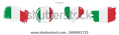 Italy hand drawn grunge style flag icon set. Italian banner in official colors. Free brush stroke shape, circle and heart-shaped. Flat vector illustration isolated on white.